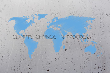 climate change world map with caption over rain droplets background