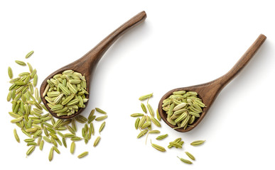 dried fennel seeds in the wooden spoon, isolated on white, top view - obrazy, fototapety, plakaty