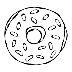 Sweet Donut with Sugar Glaze and Confetti Topping. Pastry Shop, Confectionery Design. Round Doughnut with Holes. Best Dessert. Realistic Hand Drawn Illustration. Savoyar Doodle Style.