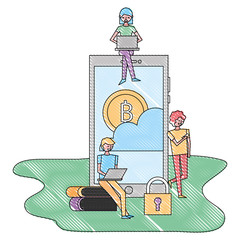 young people with laptop smartphone bitcoin cloud security technology vector illustration drawing color