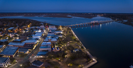 Aerial view of small town of Beaufort, South Carolina at night.