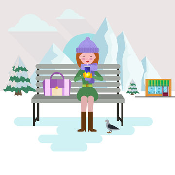Femme assise sur un banc en hiver - flat design- Vecteur - Illustration