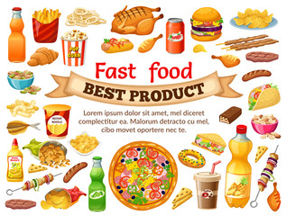 Poster fast food. Salted nuts, squid  rings, pop corn, cornflakes, corn  sticks, dried  fish, instant noodle, carbonated  drinks, chocolate bars, french fries. Isolated vector illustration.