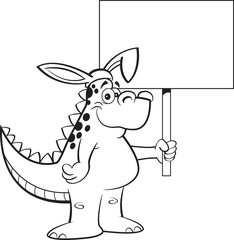 Black and white illustration of a dinosaur wearing rabbit ears and holding a sign.