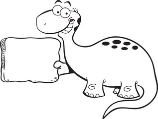 Black and white illustration of a brontosaurus holding a sign.