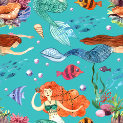 Watercolor hand drawn illustration mermaid and fish. Seamless pattern.