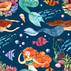 Naklejka na ściany i meble Watercolor hand drawn illustration mermaid and fish. Seamless pattern.