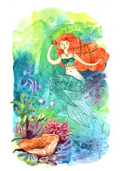 Hand drawn beautiful illustration watercolor mermaid