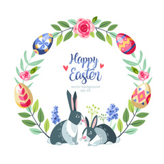 Easter great round floral background with colored easter eggs growed at branch of tree and bunnies in love