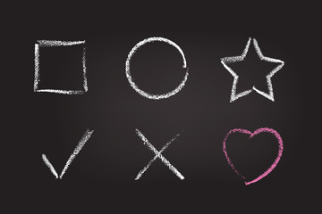 Chalk figure set on black schoolboard. Vector chalk hand drawn design elements: square, circle, star, check mark, cross and heart.