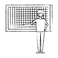 happy cartoon man pointing in board presentation vector illustration sketch design