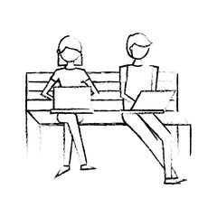 young woman and man sitting on the bench with their laptop vector illustration sketch design