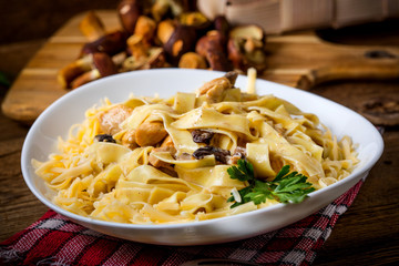 Tagliatelle pasta with forest mushrooms and chicken.