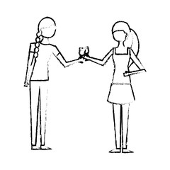 two happy girls making a toast with the glasses vector illustration sketch design