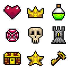 Color Pixel Objects Games Icons Set. Vector