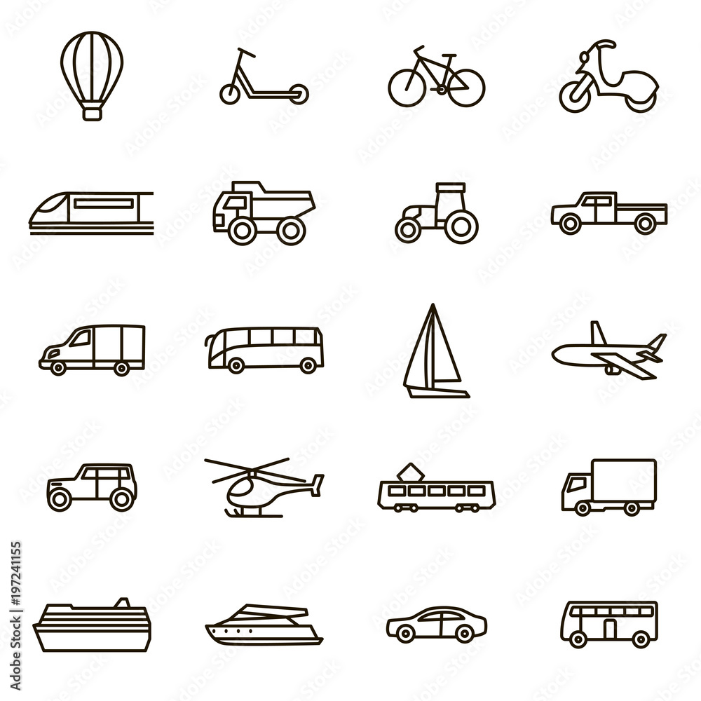 Poster Transport Signs Black Thin Line Icon Set. Vector