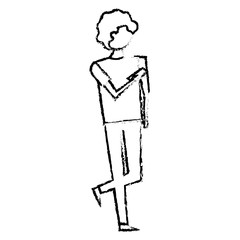 man character standing holding smartphone in hand vector illustration sketch design