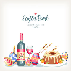 Easter horizontal festive food background with traditional easter eggs and cakes willow and wine lying on the table