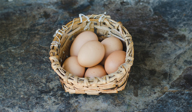 Basket with eggs. Top view.