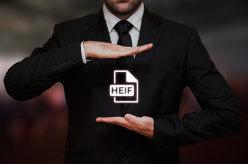 High Efficiency Image File Format (HEIF) icon with businessman on bokeh background