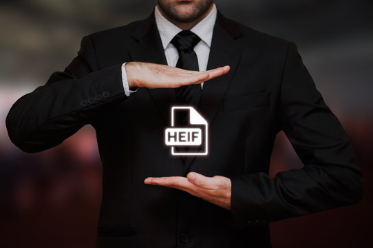 High Efficiency Image File Format (HEIF) icon with businessman on bokeh background
