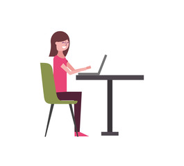 cute woman sitting in the chair typing laptop on table vector illustration