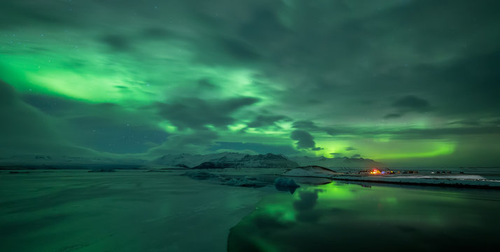 Aurora borealis over Jokulsarlon lagoon in Iceland