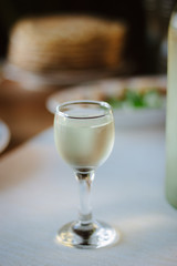 Shot of tequila in a glass at restaurant.