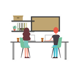people young working in office desk laptop shelf books and board viewed from the back vector illustration