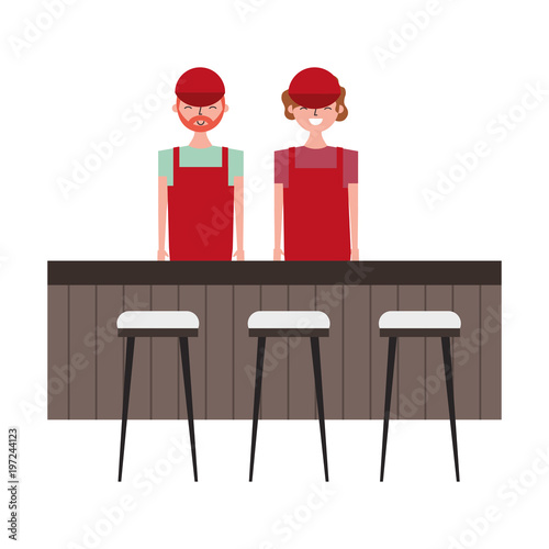 "employee baristas standing behind bar counter and stools vector