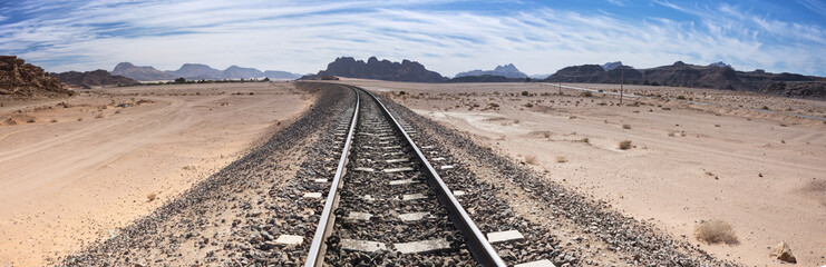 Panopama of railway in Wadi Rum desert in Jordan