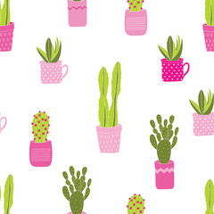 Seamless vector pattern with cute colorful green succulents in pink pots with a white background.