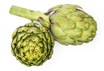 Fototapeta premium Two globe artichoke top view isolated on white background raw fresh green.