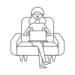 smiling young woman sitting on sofa with laptop vector illustration outline design