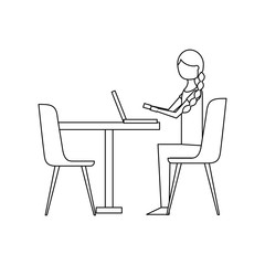 cute woman sitting in the chair typing laptop on table vector illustration outline design