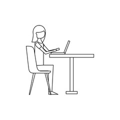 cute woman sitting in the chair typing laptop on table vector illustration outline design