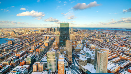 Aerial view of Boston in Massachusetts, USA at sunset