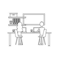 people young working in office desk laptop shelf books and board viewed from the back vector illustration outline design