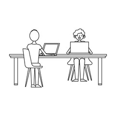 woman and man working in the laptop on table vector illustration outline design