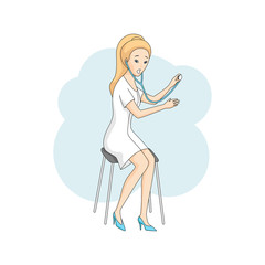 Young caucasian female doctor in  white coat, sits and listens with stethoscope. Modern style, isolated on white background. Vector illustration. Square layout.