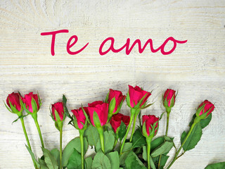 Roses on a wooden clear background and Te amo