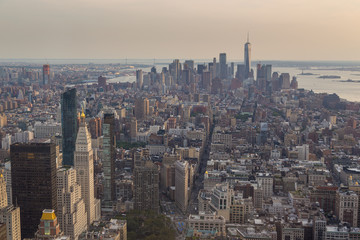 Aerial view of Manhattan skyline in the evening summer.