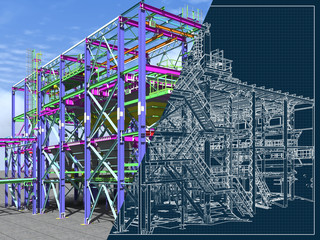 3D rendering and drawing on a blue background of metal buildings. Engineering background. The architectural background.