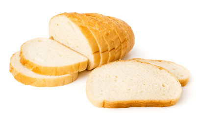 Cut a loaf of white bread on a white background