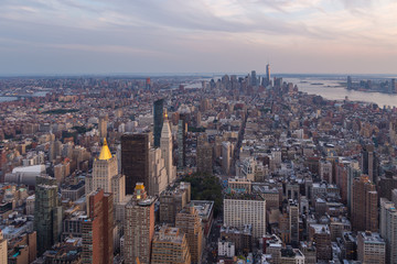 Aerial view of Manhattan skyline in the evening summer.