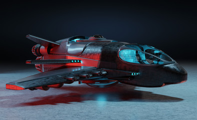Futuristic spacecraft isolated on dark background 3D rendering