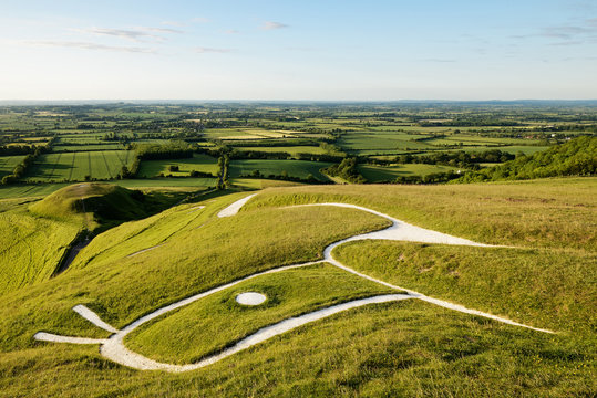 Uffington White Horse, Oxfordshire, England, United Kingdom. A prehistoric hill figure scoured into the side of a hill.