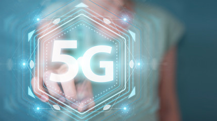 Businesswoman using 5G network interface 3D rendering