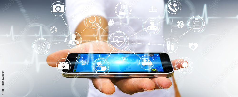 Poster businessman using digital medical interface 3d rendering