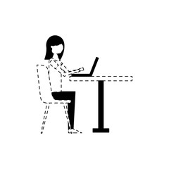 cute woman sitting in the chair typing laptop on table vector illustration dotted line design
